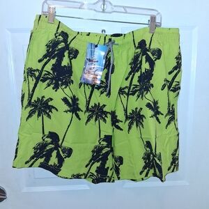 Men's Lime Green Palm-Print Swim Trunks